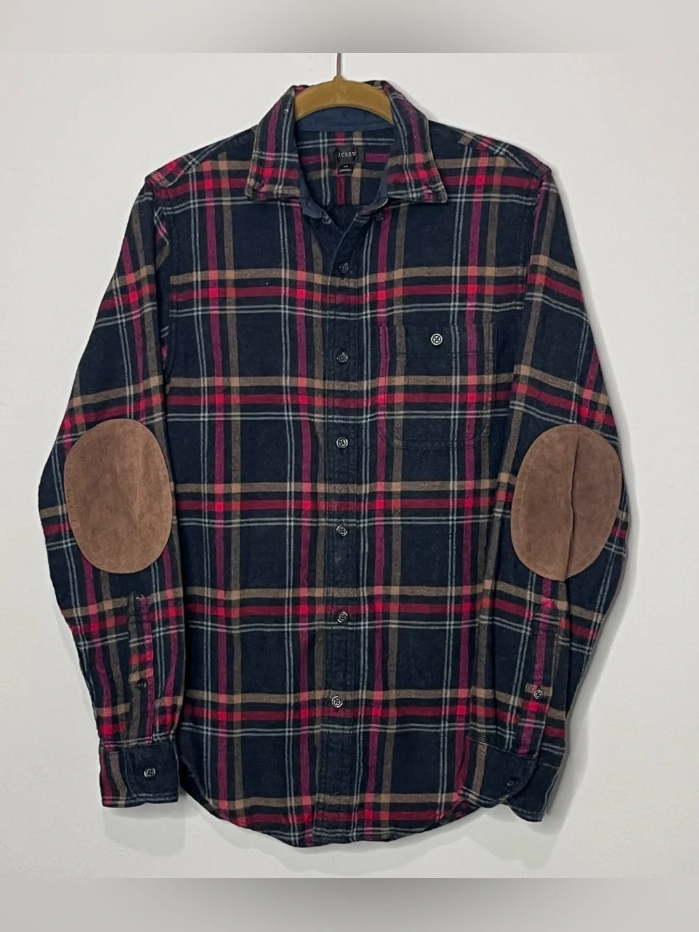 JCrew Men’s XS Plaid Flannel Button Up Shirt Elbow Patches Wool Cotton Vintage